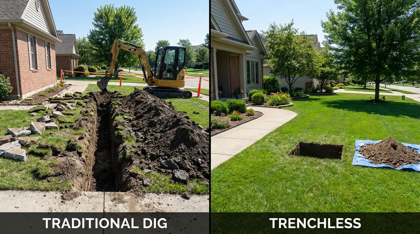Trenchless sewer repair with minimal yard damage versus traditional excavation in Cumberland, MD